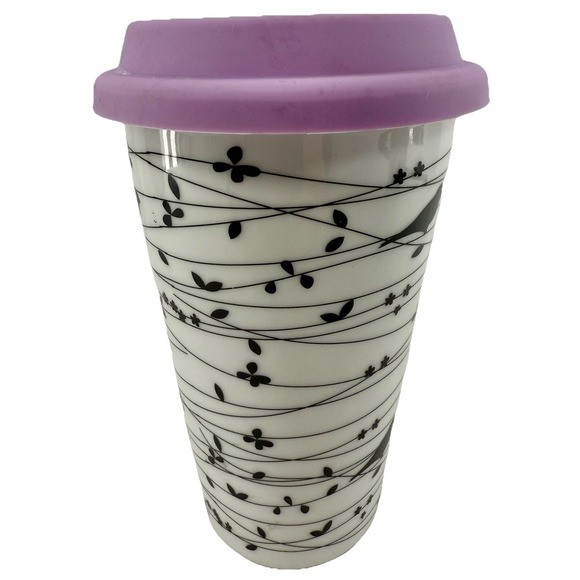 Ciroa Oiseau Coffee Travel Mug W/Lid Bird on a Vine Black and White Unused New - Picture 2 of 8